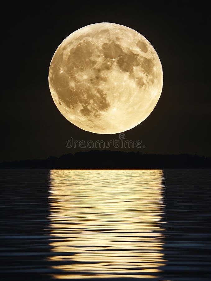 Generația AI Majestic Lună Plină Reflectând asupra Suprafeței Calme A Apei Sub Cerul Liber Noapte cu Stele concep afaceri royalty free illustration