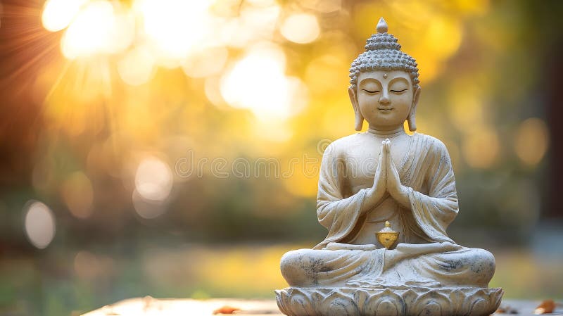 Generația AI Serene Buddha Statuie într-o grădină pașnică Sub Lumina Soarelui de Aur pentru meditație și liniște busină stock illustration