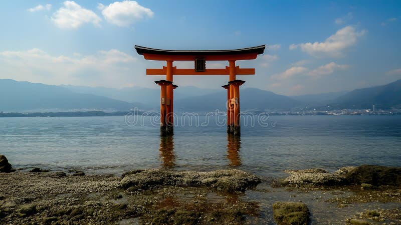Generația AI Serene torii Poarta Japoneză Vedere Calmă Oceanică Cu Priveliște Montană În cadrul unei afaceri clare Blue Sky royalty free illustration