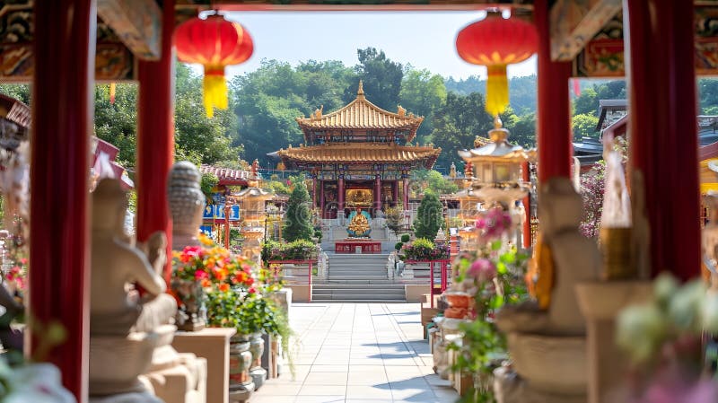 Generația AI Tradițional Tâmplă Chineză Intrare Încadrată de conceptul de afaceri Ornate Statui și Lanterne Roșii. vector illustration