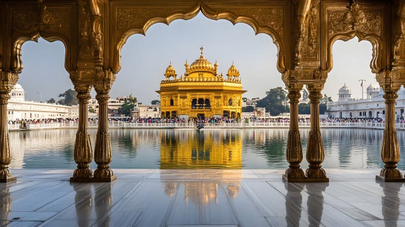 Generația Templul de Aur al AI în Amritsar Reflectând în conceptul de afaceri Tranquil Pond Under Blue Skies. stock illustration