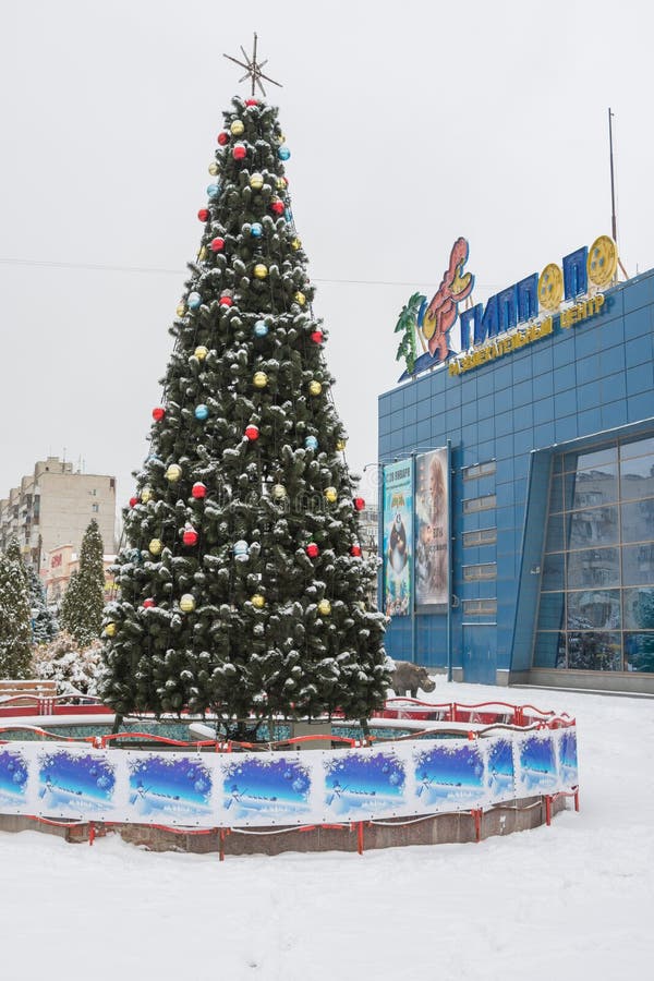 Genere di inverno nell'albero di abete dei nuovi anni davanti ad un centro di spettacolo fotografia stock libera da diritti Genere di inverno nell'albero di abete dei nuovi anni davanti ad un centro di spettacolo fotografia stock libera da diritti