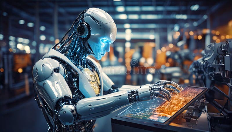 Genererad bild. En modern framtida robot fungerar i fabriken.
