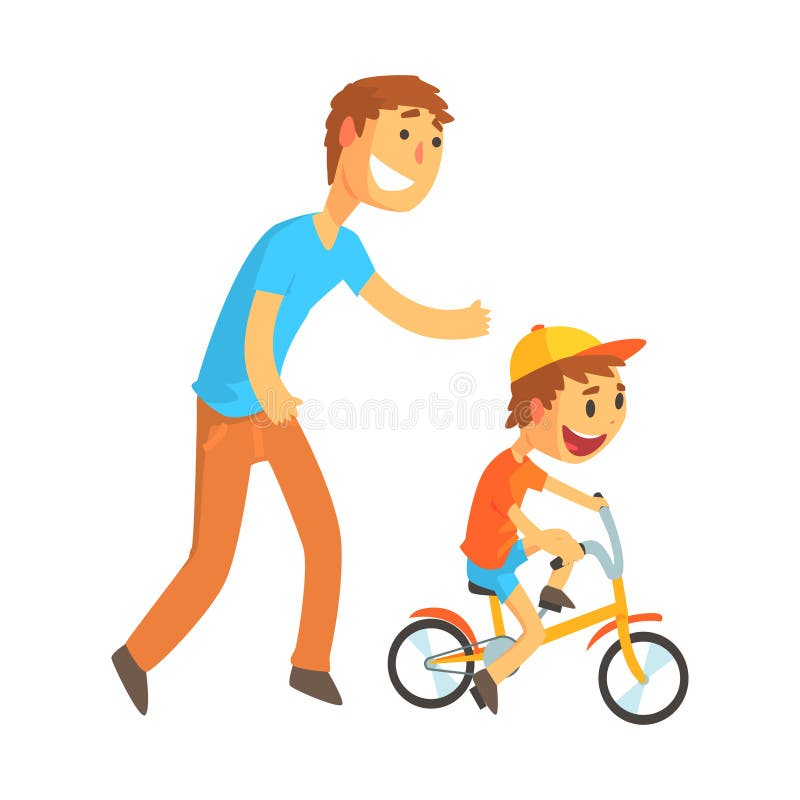 Generi l'insegnamento di suo figlio guidare una bicicletta illustrazione di stock Generi l'insegnamento di suo figlio guidare una bicicletta illustrazione di stock