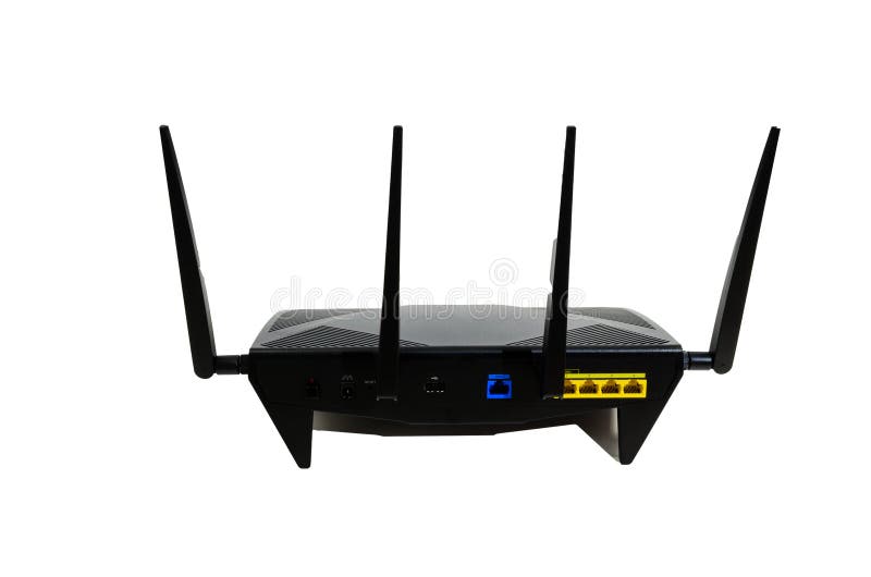 Generic internet wireless router rear view against a white background stock image