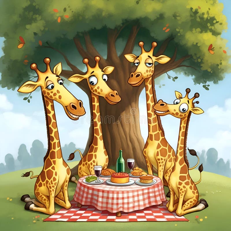 Generiert : Picknick mit vier Giraffen unter einem großen Baum vektor abbildung