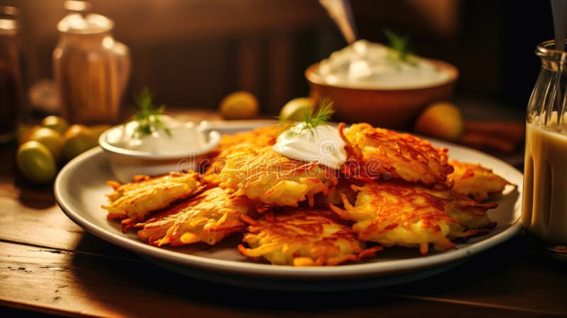 Generowane przez ai latkes gourmet rozkoszują się tradycyjnymi smakami hanukkah royalty ilustracja