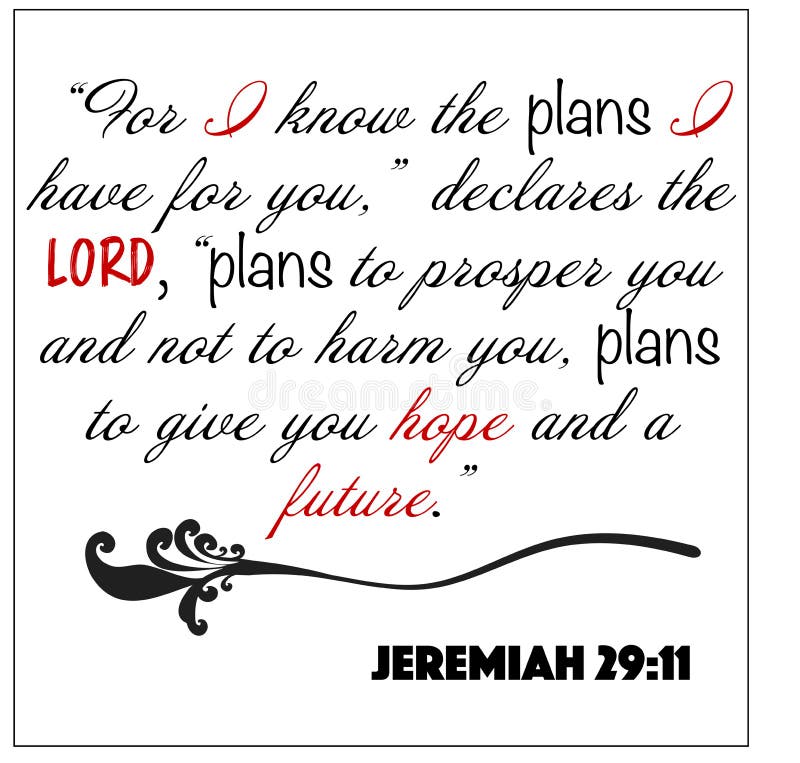 Jeremiah 29:11- For I know the plans I have for you declares the Lord vector on white background for Christian encouragement from