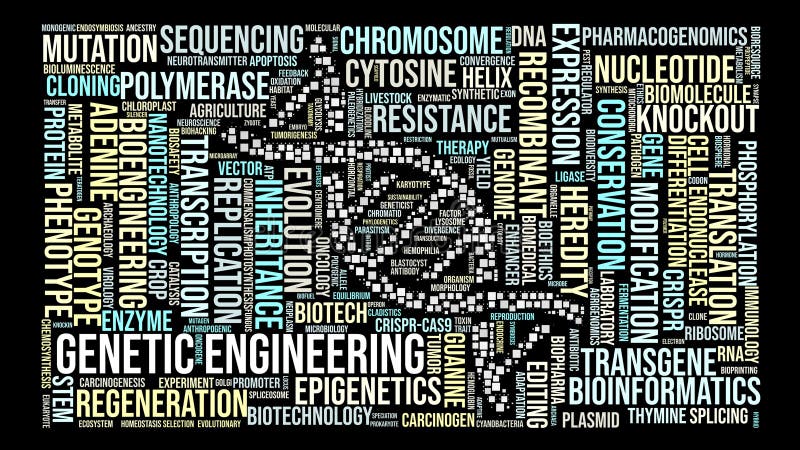 Genetic Engineering Word Cloud. Key Concepts in DNA, CRISPR, and Biotechnology stock illustration