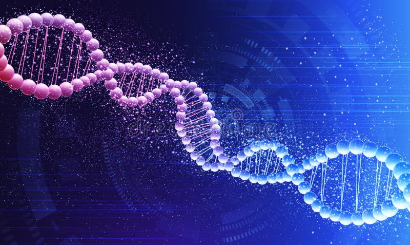 Genetica en biotechnologie. dubbele dna spiraal op blauwe achtergrond creatieve illustratie