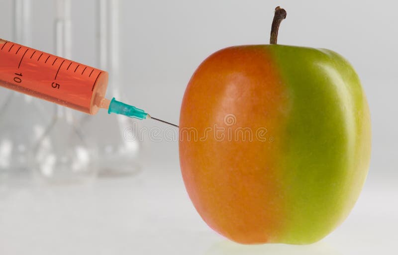 Genetically modified foods: syringe and apple