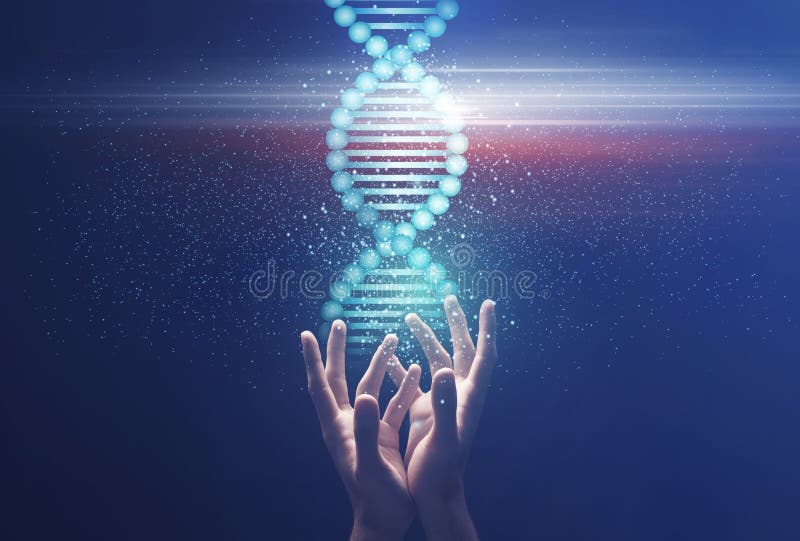 Genetics and medical science. Collage with male hands holding shiny DNA molecule on blue background