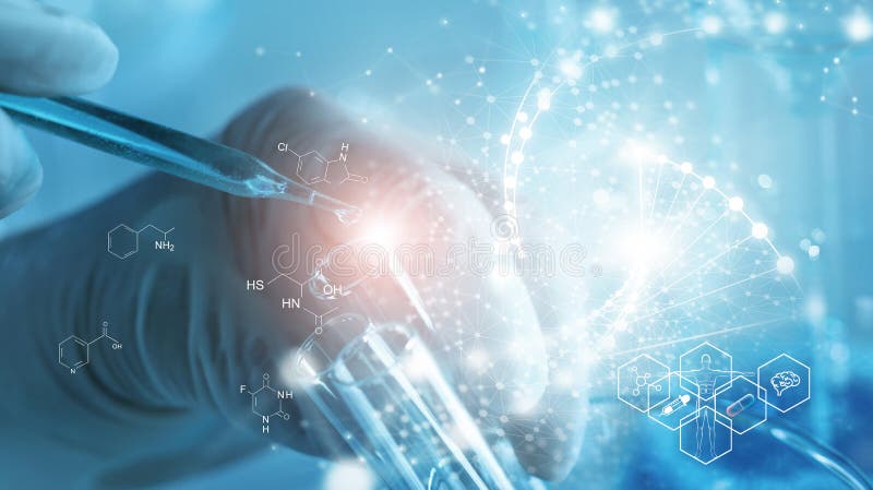 Genetisch onderzoek en Biotech-wetenschapsconcept Menskunde en farmaceutische technologie op laboratoriumachtergrond Genetisch onderzoek en Biotech-wetenschapsconcept Menskunde en farmaceutische technologie op laboratoriumachtergrond