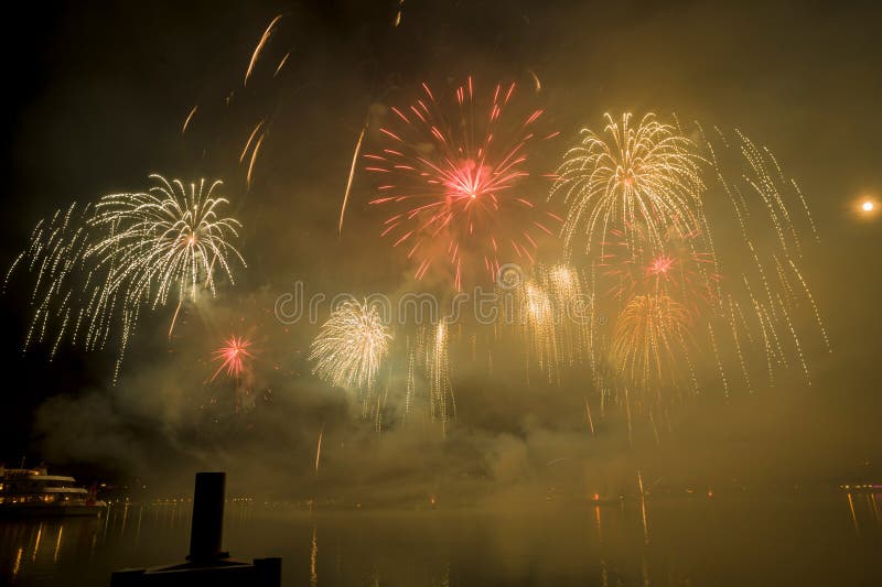 Geneva Switzerland Fireworks on the Lake Stock Photo Image of black