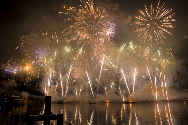 Geneva Switzerland Fireworks on the Lake Stock Image Image of