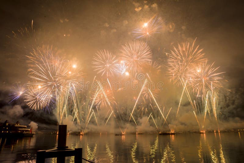 Geneva Switzerland Fireworks on the Lake Stock Photo Image of