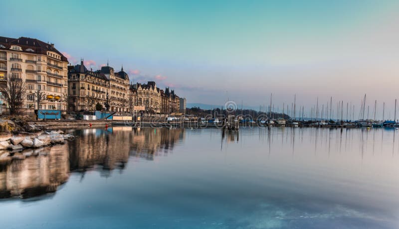 View of the Geneva Lakefront on a calm morning. View of the Geneva Lakefront on a calm morning