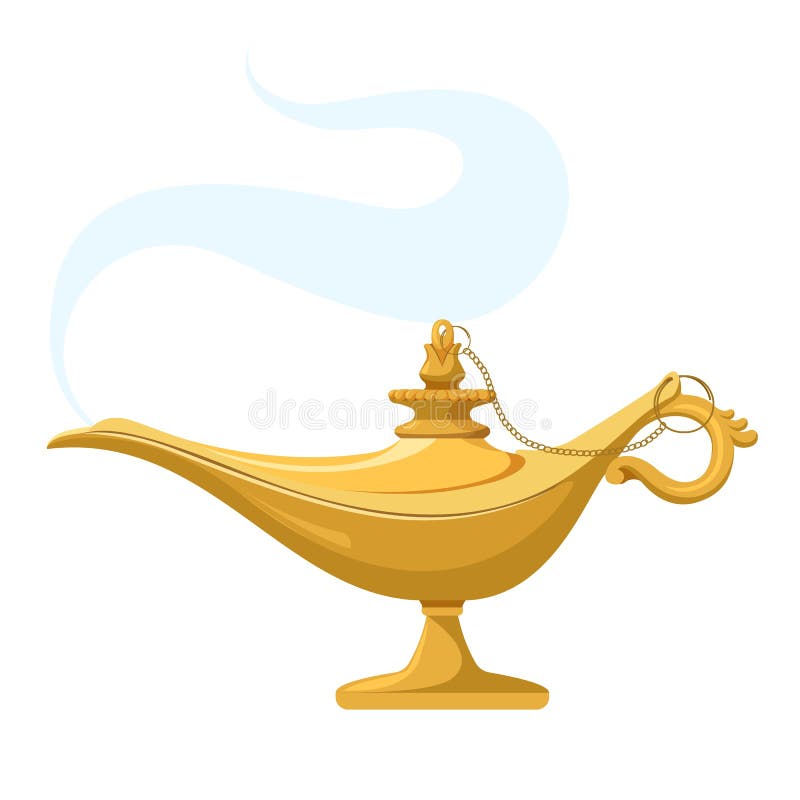 Genie lamp with smoke. Magic antique wish Aladdin lantern light. Vector