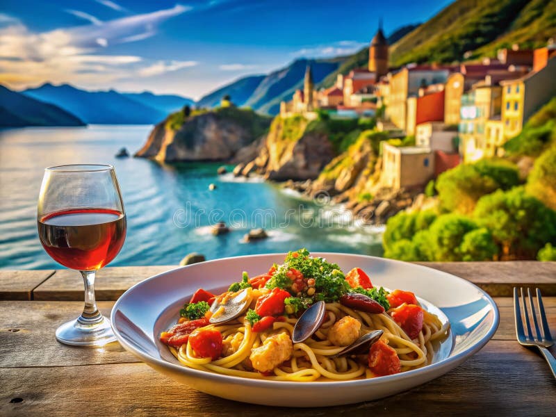 Genießen Sie das Cinque Terre Pasta Fest Frische mediterrane Meeresfrüchte Tomate Sauce mit atemberaubender Aussicht auf die Küste stock abbildung