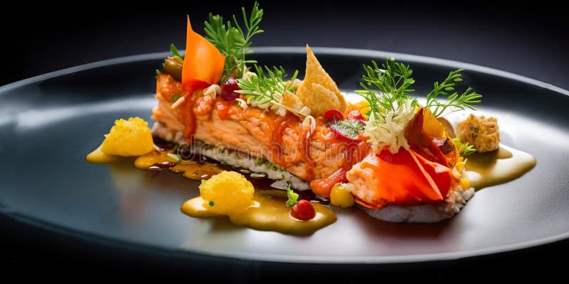 Genießen Sie die kulinarische Kulisse mit den fein dekorierten Speisen des Restaurants. stock abbildung