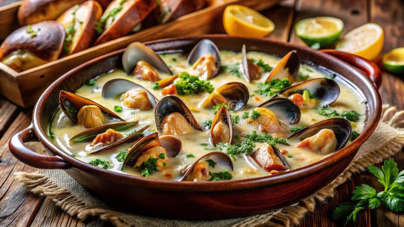 Genießen Sie die köstlichen Aromen cremiger Knoblauch gebackener neuer Eifer und Muscheln und genießen Sie italienische Meeresfrüc lizenzfreie abbildung