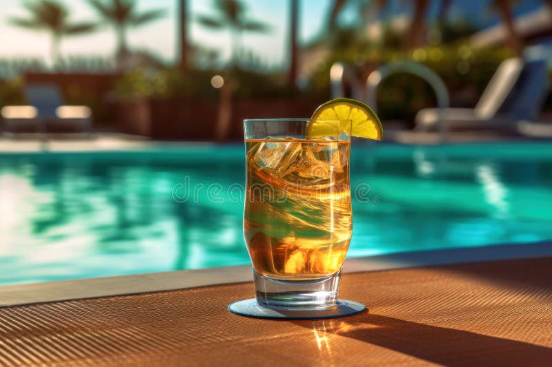 Genießen Sie die Sommerzeit mit diesem erfrischenden Eisgetränk am Pool und genießen Sie die perfekte Entspannung in einem Glas stock abbildung