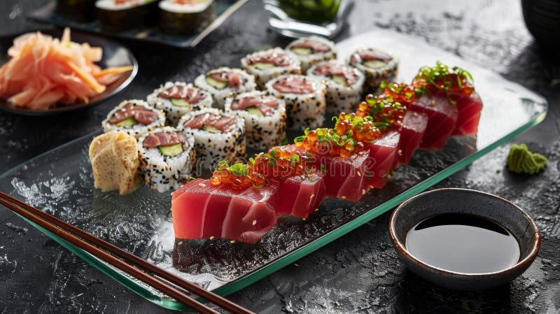Genießen Sie eine Gourmetküche mit gesägten Thunfisch-Tataki-Scheiben, gepaart mit einer zesty Ponzu-Sauce und handgearbeiteten Tä stock abbildung