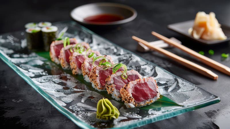 Genießen Sie eine Gourmetküche mit gesägten Thunfisch-Tataki-Scheiben, gepaart mit einer zesty Ponzu-Sauce und handgearbeiteten Tä stock abbildung