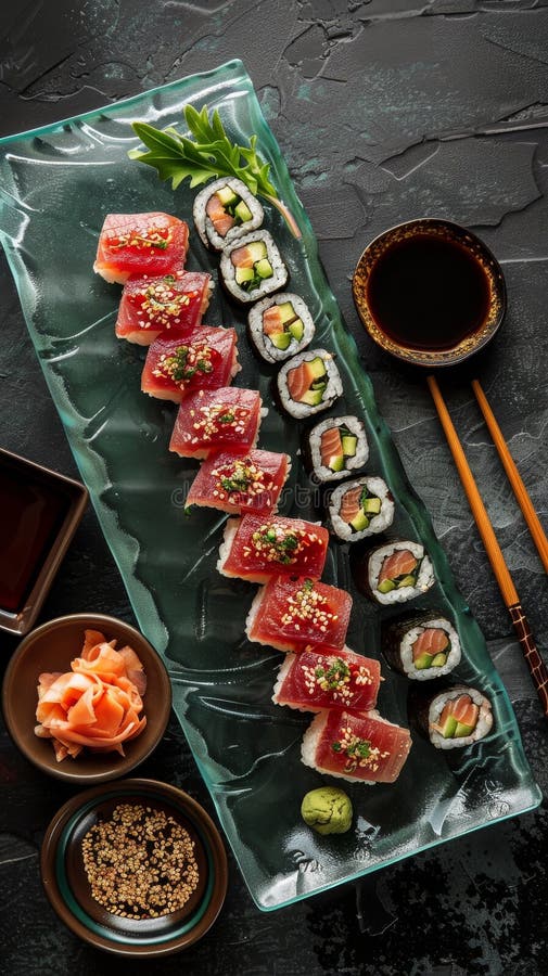 Genießen Sie eine Gourmetküche mit gesägten Thunfisch-Tataki-Scheiben, gepaart mit einer zesty Ponzu-Sauce und handgearbeiteten Tä stock abbildung