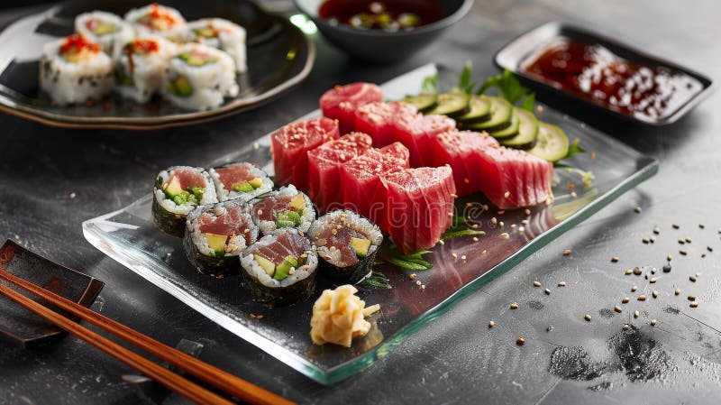 Genießen Sie eine Gourmetküche mit gesägten Thunfisch-Tataki-Scheiben, gepaart mit einer zesty Ponzu-Sauce und handgearbeiteten Tä vektor abbildung