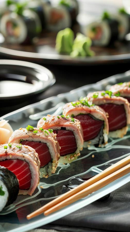 Genießen Sie eine Gourmetküche mit gesägten Thunfisch-Tataki-Scheiben, gepaart mit einer zesty Ponzu-Sauce und handgearbeiteten Tä vektor abbildung