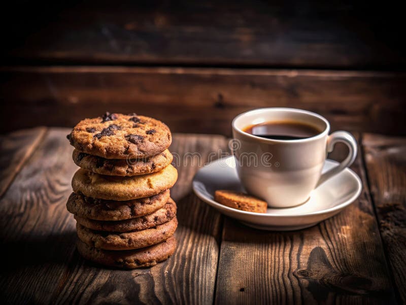 Genießen Sie eine köstliche Auswahl an Keksen neben einer warmen Tasse Kaffee auf einem rustikalen Holztisch. generative Hilfe lizenzfreie abbildung