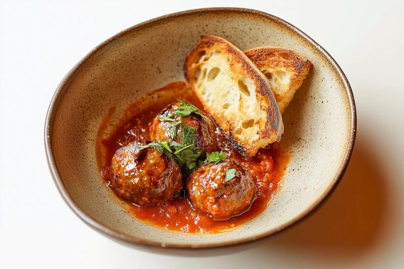 Genießen Sie köstliche Fleischbällchen in reichhaltiger Tomatensauce in einem lockeren Ambiente Generative AI lizenzfreie abbildung