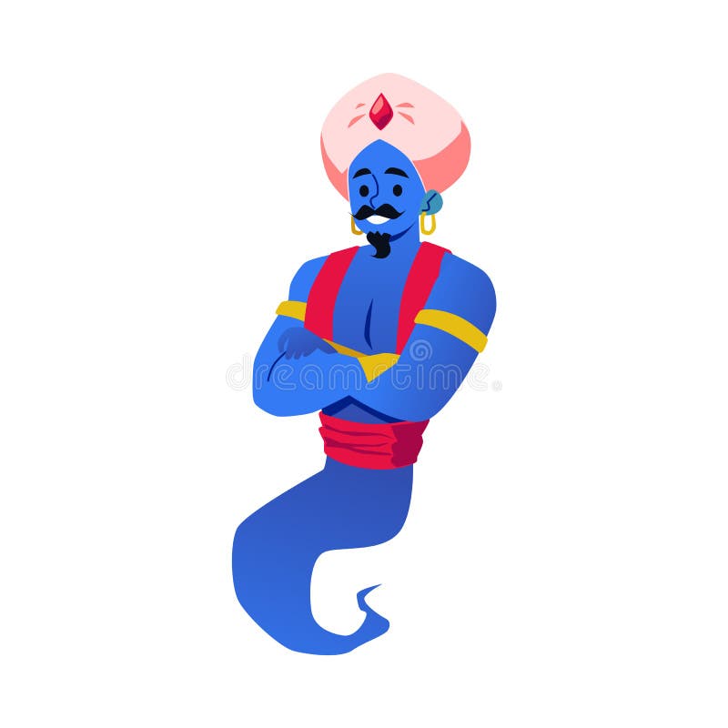 Genio árabe mágico sonriente usando turbante haciendo milagros y magia. ilustración del vector