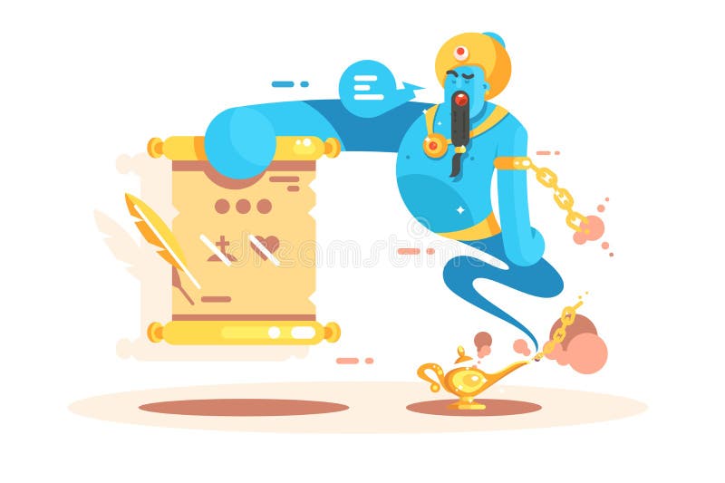 Genios del personaje de dibujos animados del cartel de oro de la lámpara ilustración del vector Genios del personaje de dibujos animados del cartel de oro de la lámpara ilustración del vector