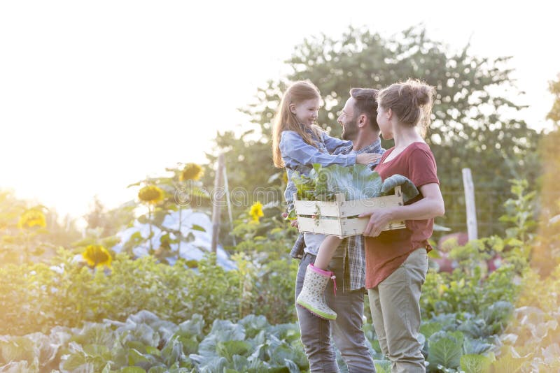 Genitori che esaminano figlia mentre camminando con la cassa in azienda agricola fotografie stock libere da diritti Genitori che esaminano figlia mentre camminando con la cassa in azienda agricola fotografie stock libere da diritti