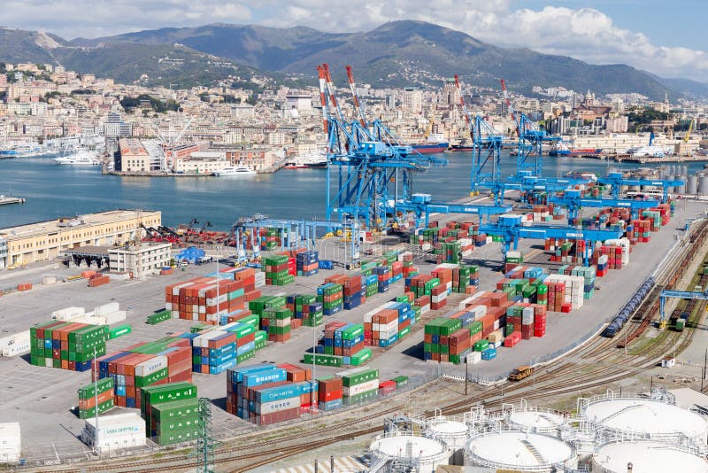 GENOA, ITALY APRIL 10, 2016 Elevated View of Commercial Port