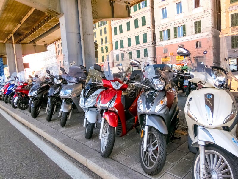 Genoa, Liguria, Italy September 11, 2019 Motorcycle Parking in the Central Street in the City
