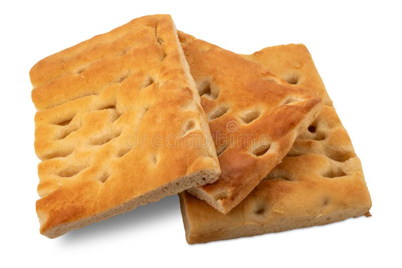 Genoese focaccia, slices of Italian flat bread isolated stock photo