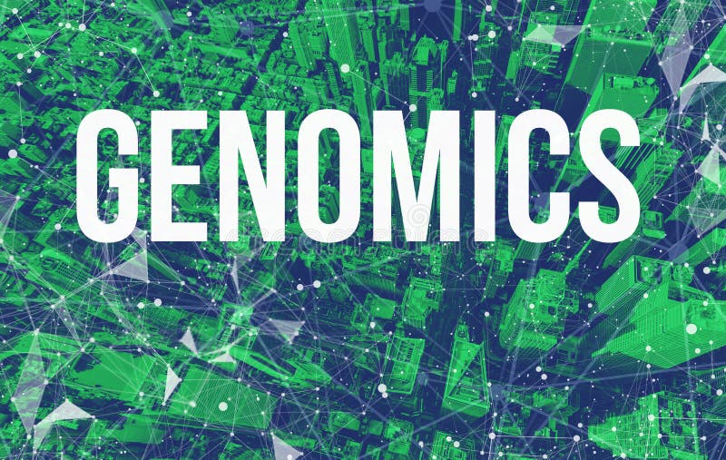 Genomics theme with abstract network patterns and Manhattan skyscrapers