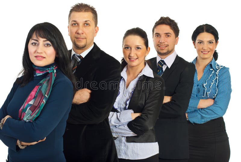 Five cheerful business people with their arms folded standing in a row isolated on white background. Five cheerful business people with their arms folded standing in a row isolated on white background