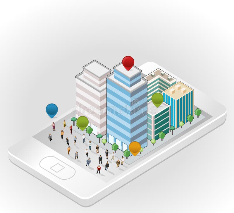 Gens d'affaires dans la rue d'une ville isométrique au-dessus de téléphone intelligent illustration de vecteur Gens d'affaires dans la rue d'une ville isométrique au-dessus de téléphone intelligent illustration de vecteur
