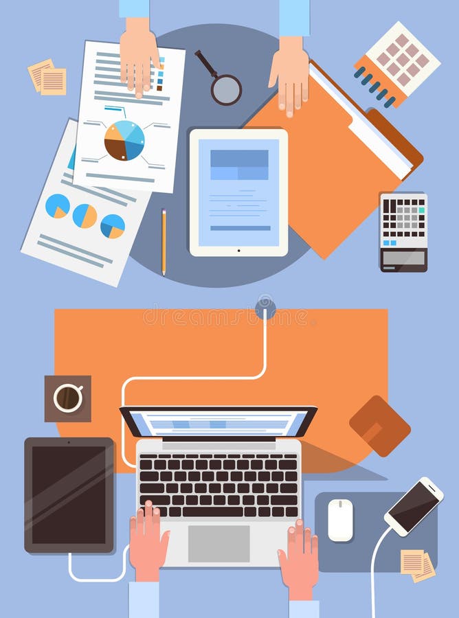 Gens d'affaires de lieu de travail de mains de bureau fonctionnant le bureau de vue d'angle supérieur d'ordinateur portable et de illustration de vecteur Gens d'affaires de lieu de travail de mains de bureau fonctionnant le bureau de vue d'angle supérieur d'ordinateur portable et de illustration de vecteur