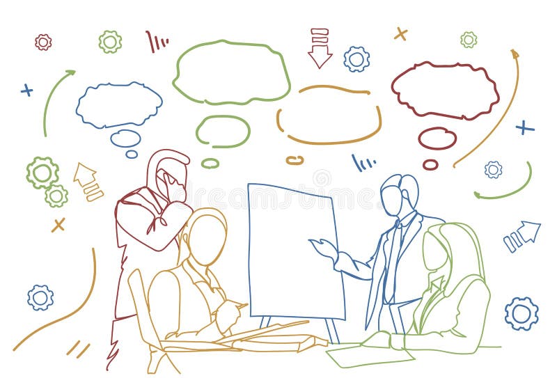 Gens d'affaires de Team Seminar Group Of Businesspeople Sit At Desk Together Brainstorming de griffonnage de réunion illustration stock Gens d'affaires de Team Seminar Group Of Businesspeople Sit At Desk Together Brainstorming de griffonnage de réunion illustration stock