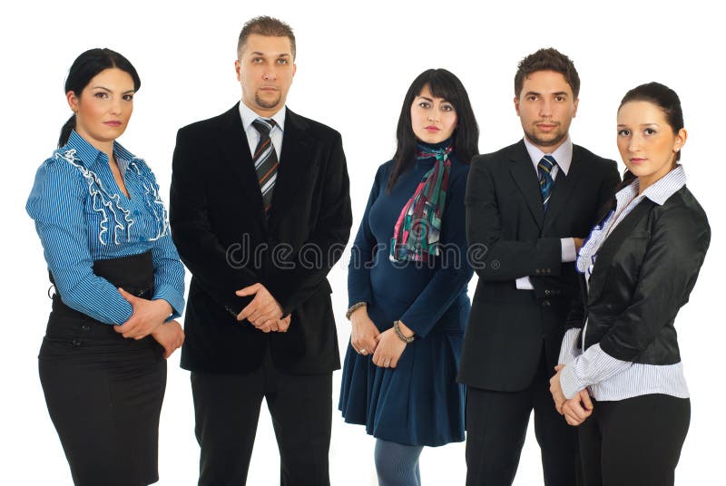 Sad serious five business people standing in a row and looking at camera isolated on white background. Sad serious five business people standing in a row and looking at camera isolated on white background