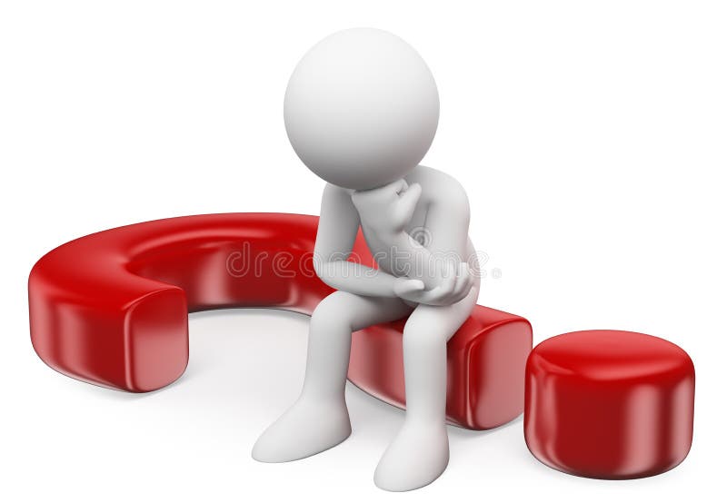 Personnes blanches en 3D. Un homme hésitant assis dans un point d'interrogation illustration libre de droits