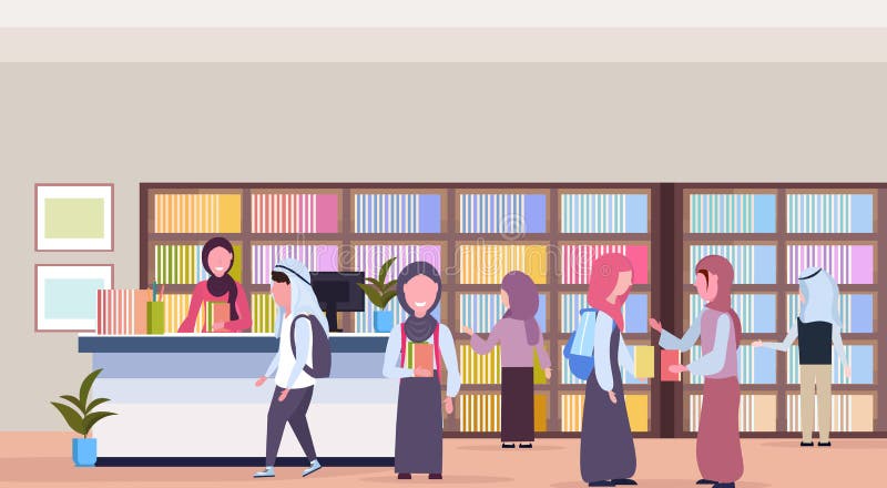 Gente araba che prende in prestito i libri dal bibliotecario in scaffale interno della libreria moderna delle biblioteche con i l illustrazione vettoriale