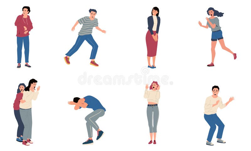 Gente asustada. personas sorprendidas y conmocionadas con reacciones nerviosas. personajes de dibujos animados ansiosos y con mied stock de ilustración