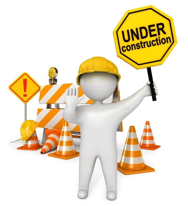 White people holding a stop sign. Under construction barrier. Traffic cones. Road sign. Construction Helmet. on white background. 3d render. White people holding a stop sign. Under construction barrier. Traffic cones. Road sign. Construction Helmet. on white background. 3d render