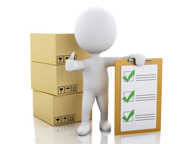 3d illustration. White people with clipboard checklist and cardboard boxes. Package delivery concept. white background. 3d illustration. White people with clipboard checklist and cardboard boxes. Package delivery concept. white background